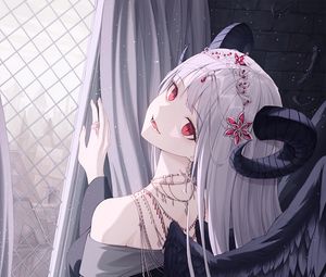 Preview wallpaper demon, girl, horns, wings, anime