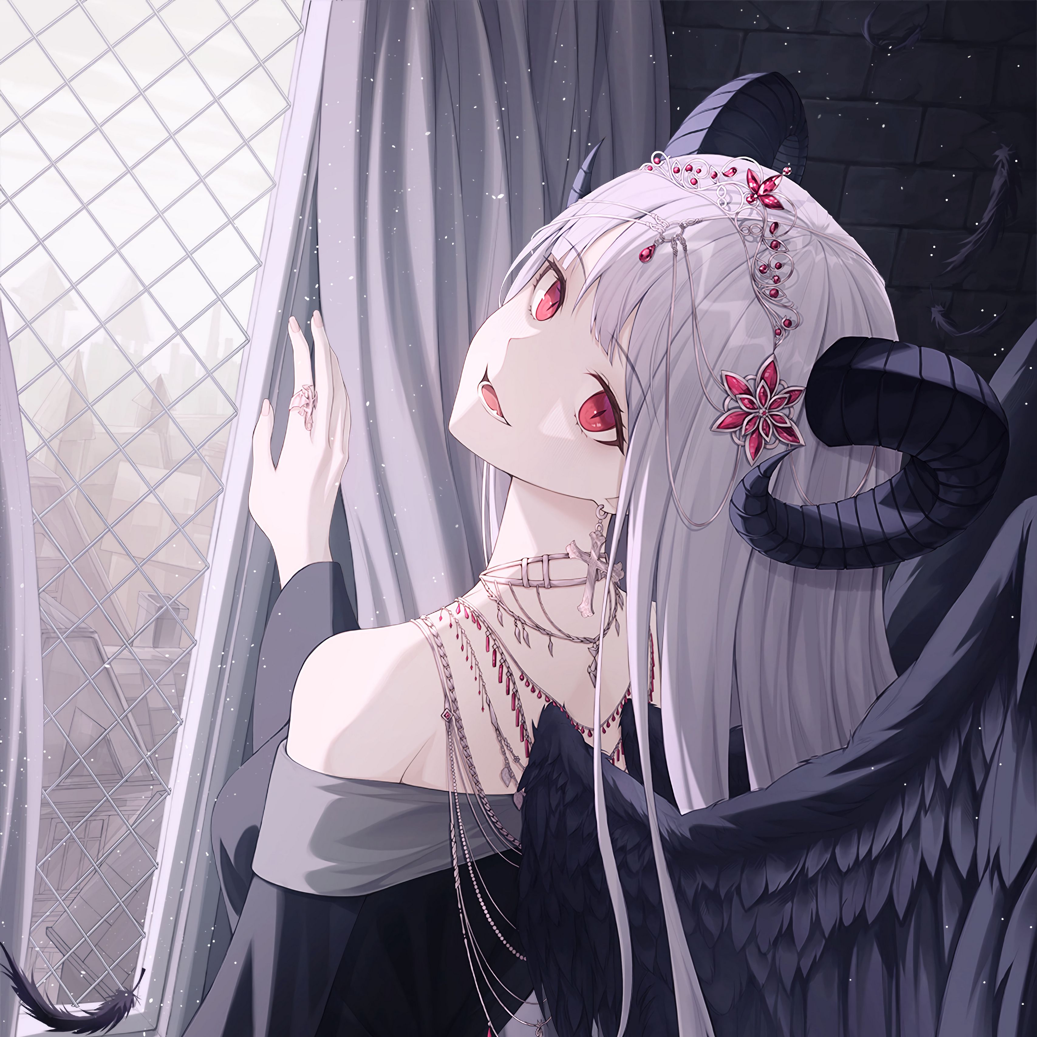 Download wallpaper 3415x3415 demon, girl, horns, wings, anime ipad pro ...