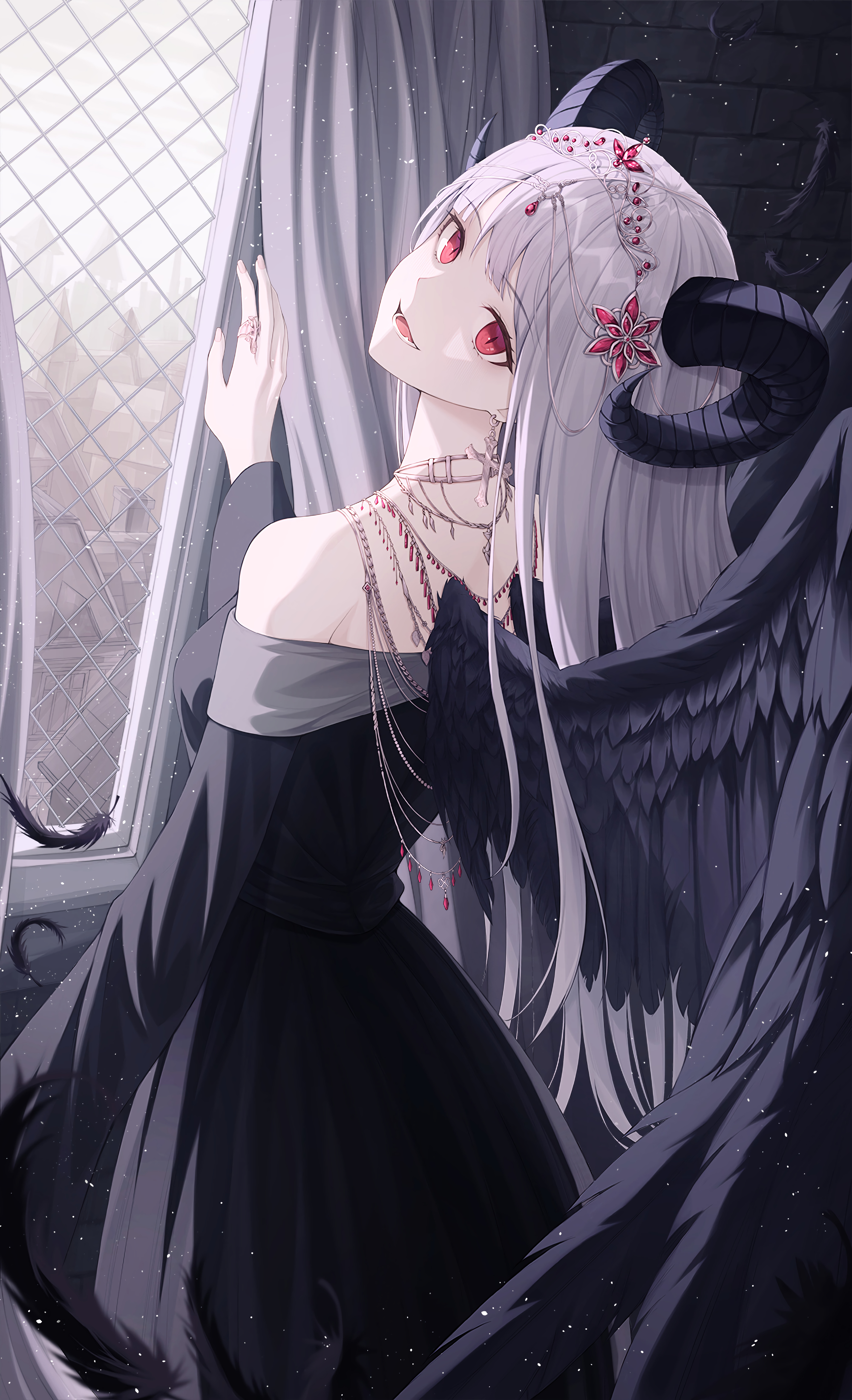 Download wallpaper 4000x6572 demon, girl, horns, wings, anime hd background