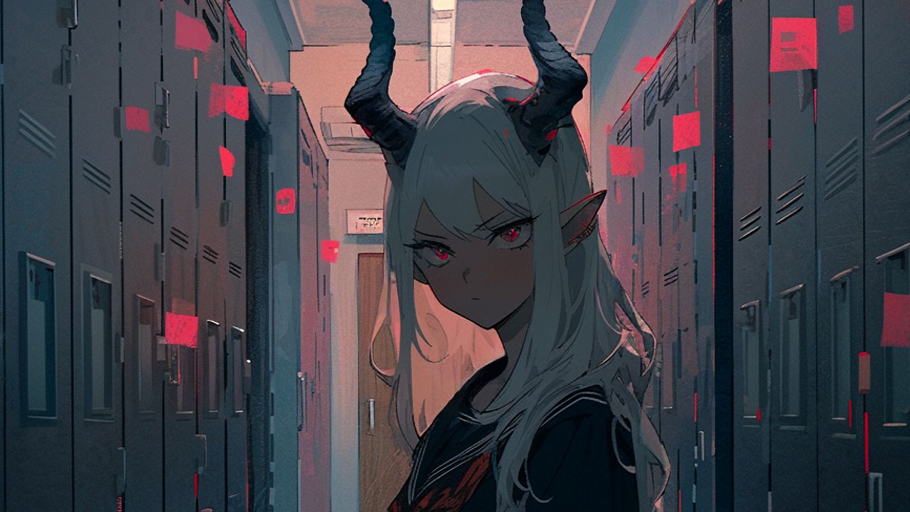 Wallpaper demon, horns, girl, room, anime