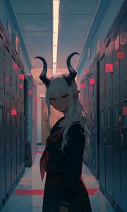 Preview wallpaper demon, horns, girl, room, anime