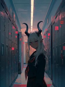 Preview wallpaper demon, horns, girl, room, anime