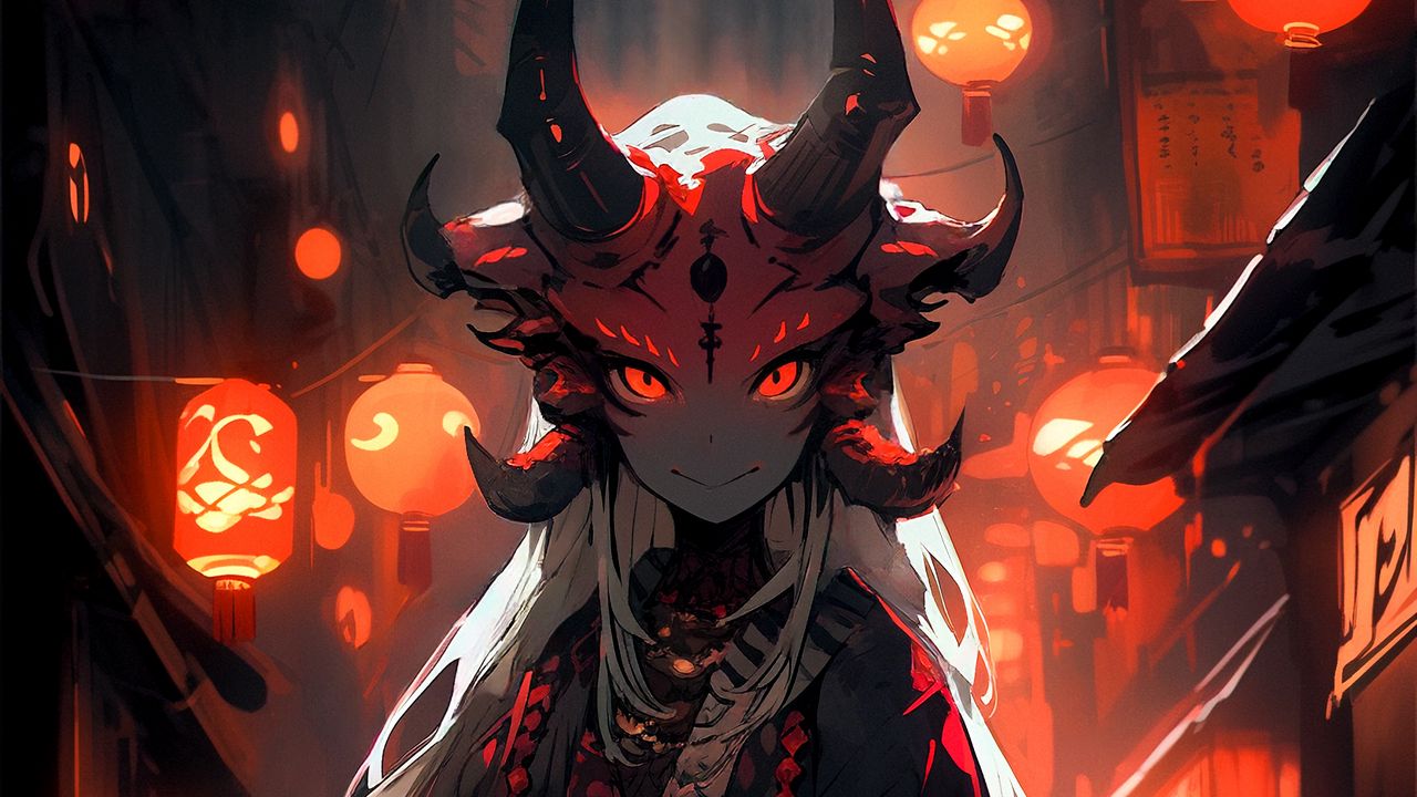 Wallpaper demon, horns, kimono, anime