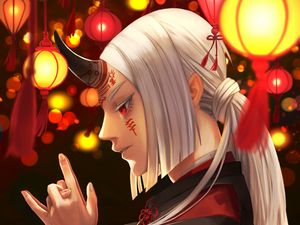 Preview wallpaper demon, horns, lights, anime, art, cartoon