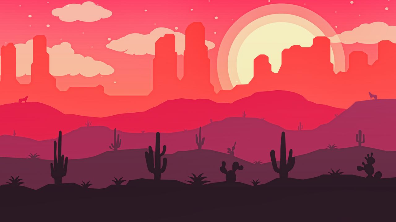 Wallpaper desert, cactus, sun, wolf, vector