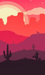 Preview wallpaper desert, cactus, sun, wolf, vector