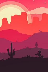 Preview wallpaper desert, cactus, sun, wolf, vector