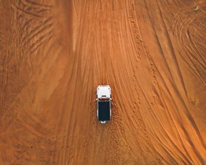Preview wallpaper desert, car, aerial view, sand, traces, off-road