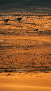Preview wallpaper desert, car, aerial view, sand, nature