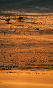 Preview wallpaper desert, car, aerial view, sand, nature