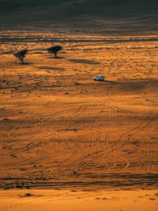 Preview wallpaper desert, car, aerial view, sand, nature