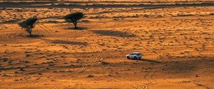 Preview wallpaper desert, car, aerial view, sand, nature