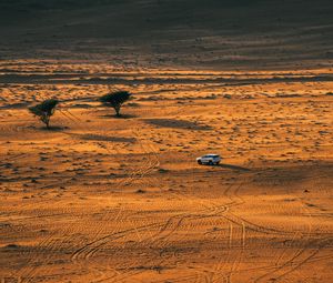 Preview wallpaper desert, car, aerial view, sand, nature