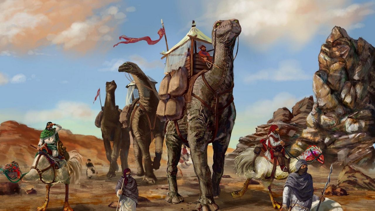 Wallpaper desert, caravan, dinosaurs, bedouins