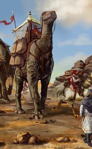 Preview wallpaper desert, caravan, dinosaurs, bedouins