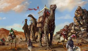 Preview wallpaper desert, caravan, dinosaurs, bedouins