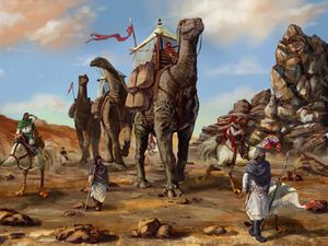 Preview wallpaper desert, caravan, dinosaurs, bedouins