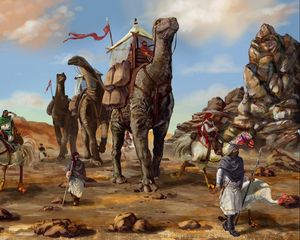 Preview wallpaper desert, caravan, dinosaurs, bedouins