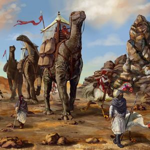 Preview wallpaper desert, caravan, dinosaurs, bedouins