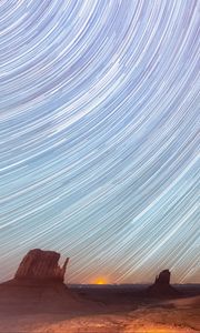 Preview wallpaper desert, cliffs, starry sky, blur, long exposure