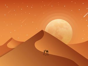 Preview wallpaper desert, dunes, camel, night, art, vector