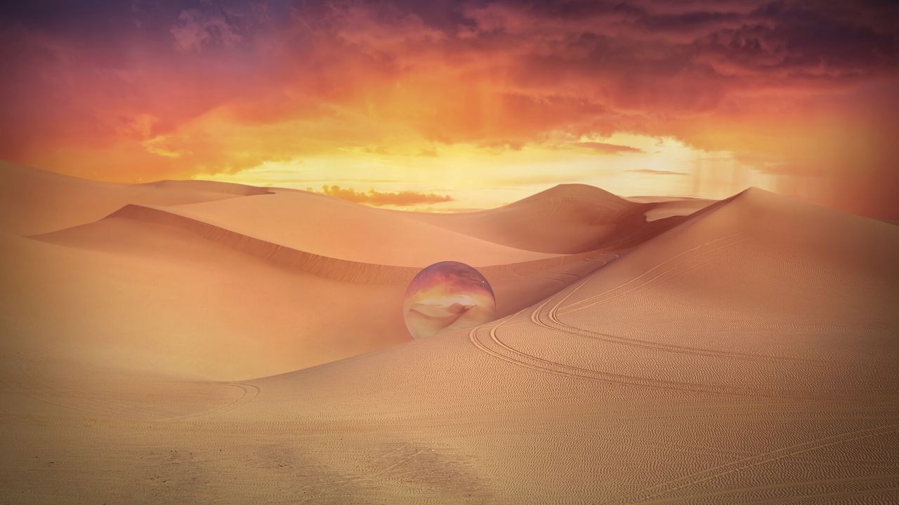 Wallpaper desert, dunes, crystal ball, sand, clouds