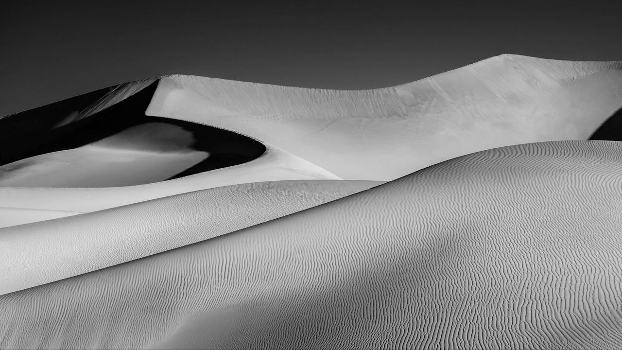 Wallpaper desert, dunes, sand, black and white, shadows, relief