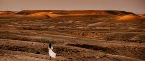 Preview wallpaper desert, girl, silhouette, landscape, hills