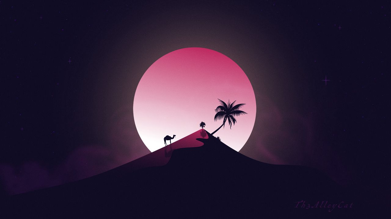 Wallpaper desert, hill, moon, camel, palm tree, art