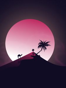 Preview wallpaper desert, hill, moon, camel, palm tree, art