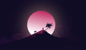 Preview wallpaper desert, hill, moon, camel, palm tree, art