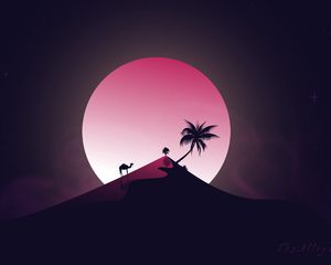 Preview wallpaper desert, hill, moon, camel, palm tree, art