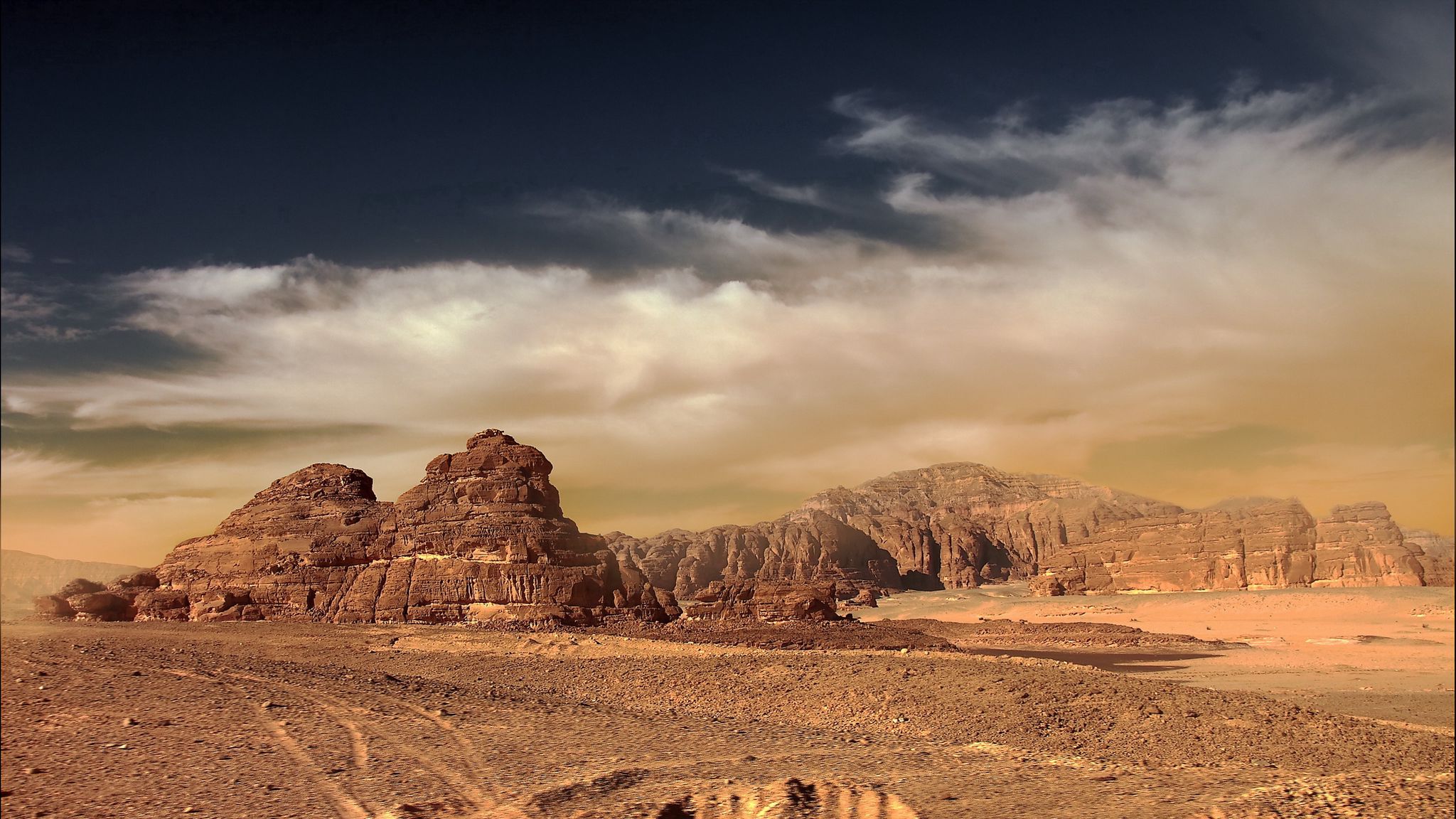 Download Wallpaper 2048x1152 Desert Mountains Sand Sky Landscape