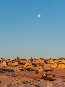 Preview wallpaper desert, rocks, moon, landscape, nature