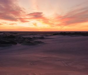 Preview wallpaper desert, sand, bushes, horizon, twilight, sunset