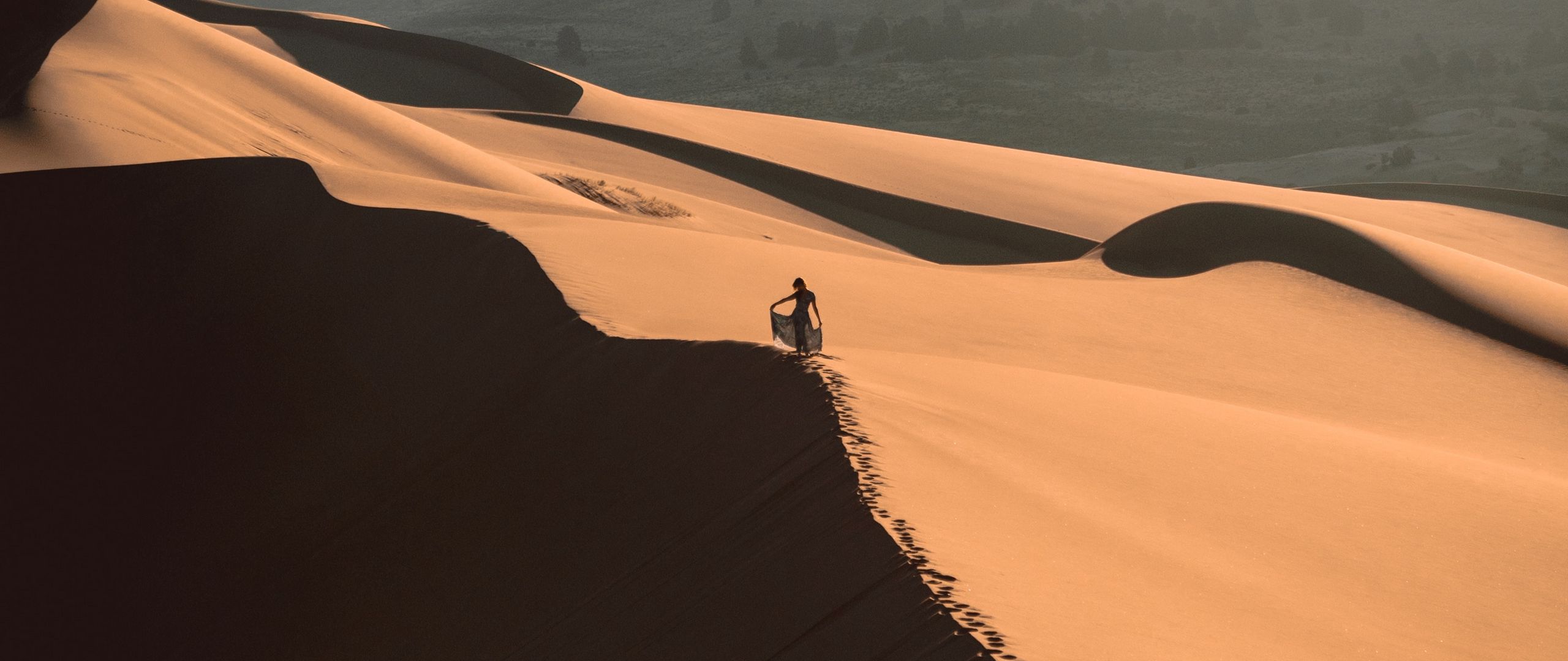 Download wallpaper 2560x1080 desert, sand, dune, man, traces dual wide ...