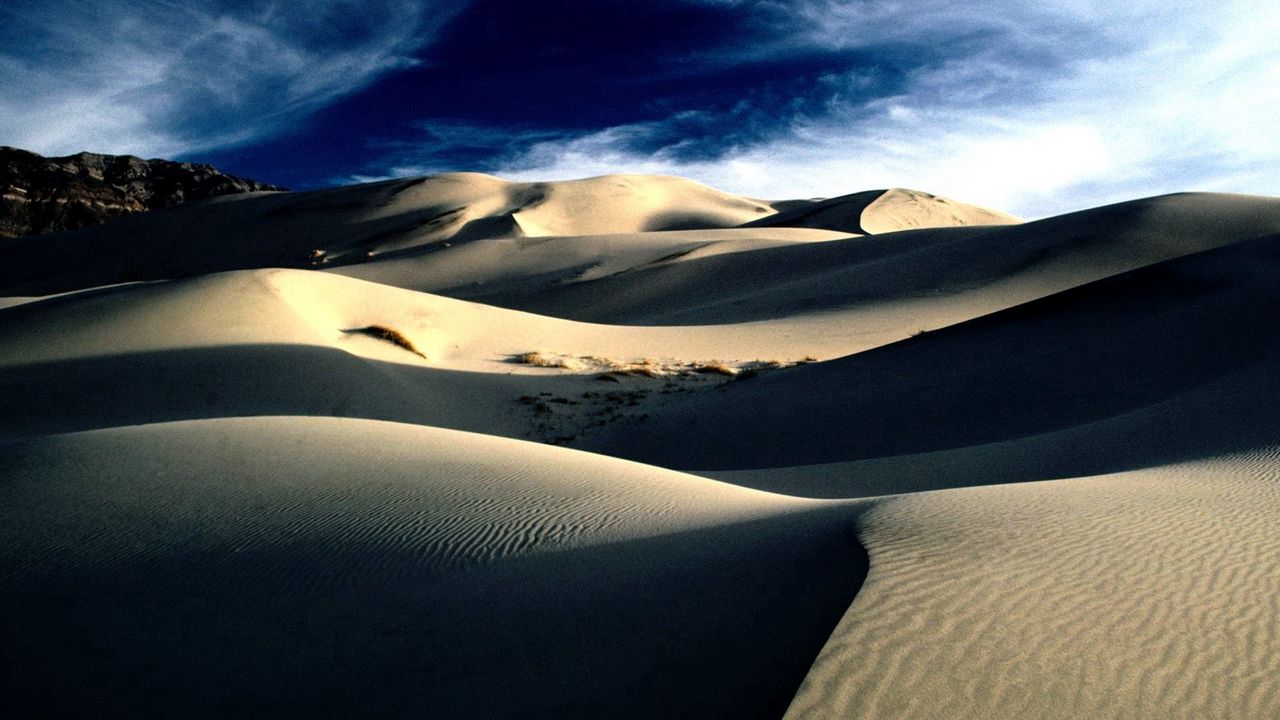 Wallpaper desert, sand, dunes, shades, mountains, lines, clouds, sky