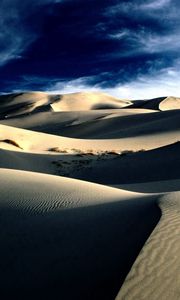 Preview wallpaper desert, sand, dunes, shades, mountains, lines, clouds, sky