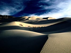 Preview wallpaper desert, sand, dunes, shades, mountains, lines, clouds, sky