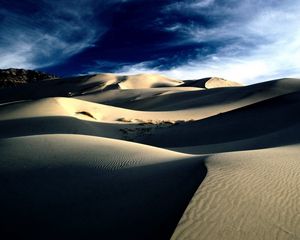 Preview wallpaper desert, sand, dunes, shades, mountains, lines, clouds, sky