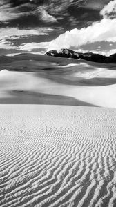 Preview wallpaper desert, sand, dunes, lines, mountains, black-and-white