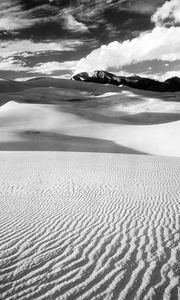 Preview wallpaper desert, sand, dunes, lines, mountains, black-and-white