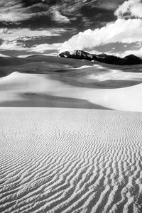 Preview wallpaper desert, sand, dunes, lines, mountains, black-and-white