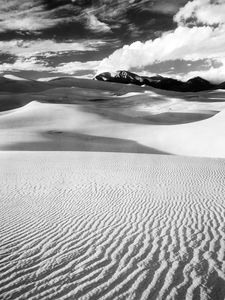 Preview wallpaper desert, sand, dunes, lines, mountains, black-and-white