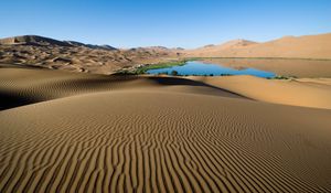 Preview wallpaper desert, sand, patterns, lines, oasis, lake, coast, vegetation