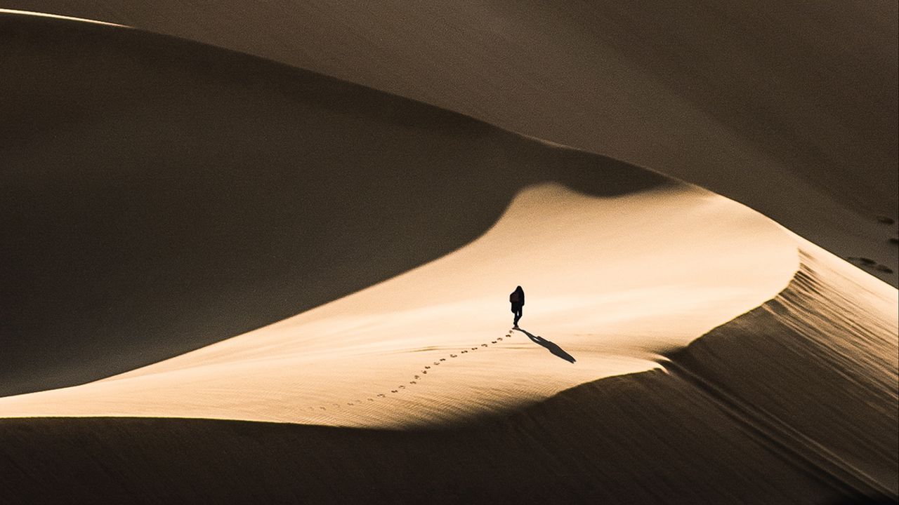 Wallpaper desert, sand, silhouette, dunes, lonely, wanderer