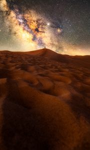 Preview wallpaper desert, silhouette, alone, starry sky, sand, night