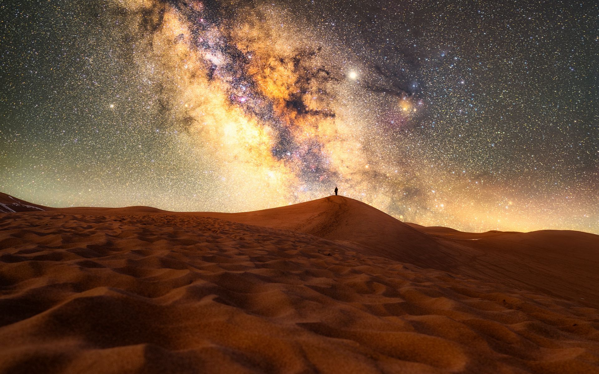 Download wallpaper 1920x1200 desert, silhouette, alone, starry sky ...