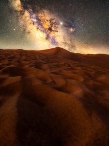 Preview wallpaper desert, silhouette, alone, starry sky, sand, night