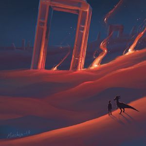 Preview wallpaper desert, silhouette, dinosaur, art
